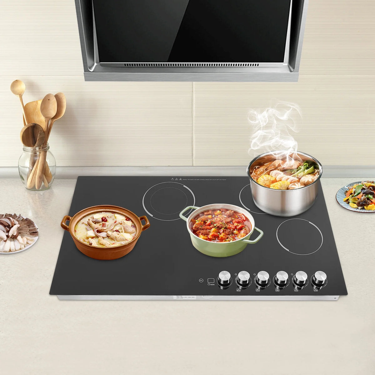 110V Modern Black Electric Cooktop Electric Stovetop 5 Burners Electric Cooktop for Homes, Restaurants