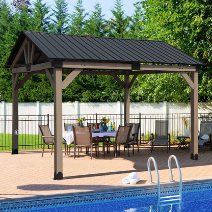 Aoodor 10 x 12 ft Wooden Frame Gazebo with 2-Tier Galvanized Metal Hardtop Roof, Outdoor Patio Gazebo with Charging Socket for Patio, Backyard, Deck, and Lawn