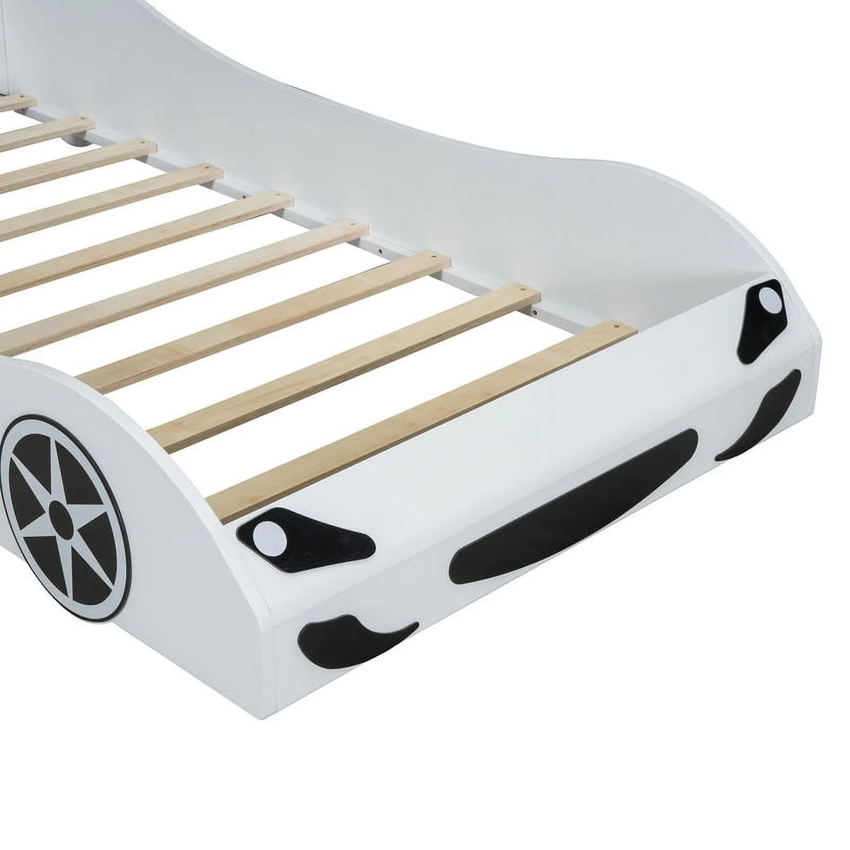 Bellemave Race Car Bed with LED Lights, Twin Size Bed Frame for Boys Kids Toddler Bed, Wooden Platform Racing Car Bed with Upholstered Backrest Headboard, No Box Spring Needed（White)
