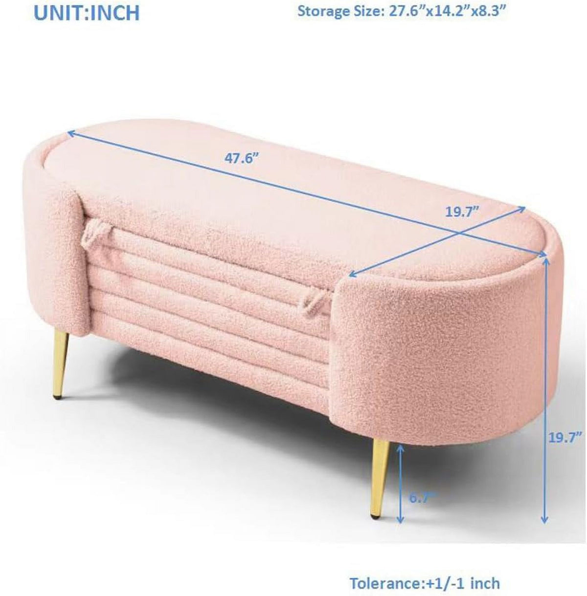 Sumdeal 43.5" Storage Ottoman Bench with 250lb Seating, Linen Upholstered Wood Legs Safety Hinge Flip Top Oval Foot Rest Long Stool for Sofa Couch Bedroom End of Bed Living Room Entryway, White
