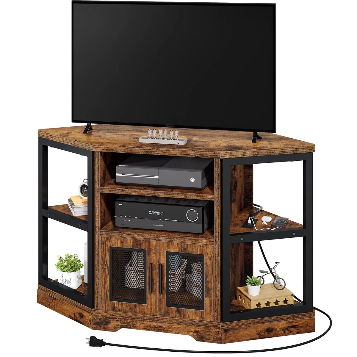 Dextrus Farmhouse Corner TV Stand for TVs up to 55 inch with Power Outlet, Wood Entertainment Center, TV Media Console with Storage, White Oak