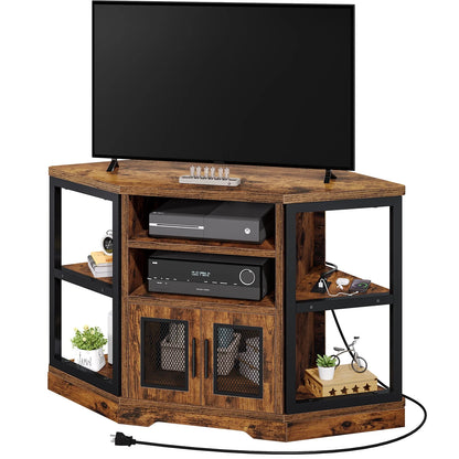 Dextrus Farmhouse Corner TV Stand for TVs up to 55 inch with Power Outlet, Wood Entertainment Center, TV Media Console with Storage, White Oak