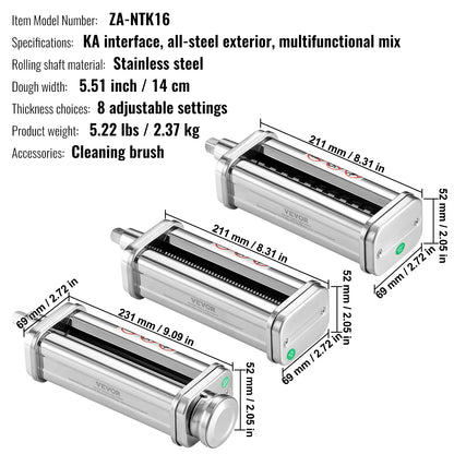 KFFKFF Pasta Maker Attachment for All Kitchenaid Mixers, Kitchen Aid Stand Mixer Set Accessories with 3 Shafts Including Dough Roller Spaghetti Cutter Fettuccine