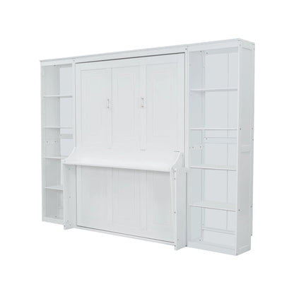 Queen Size Murphy Bed with Desk and Bookshelf(White)
