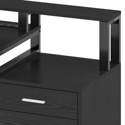 Dextrus 65" L Shaped Desk with Power Outlets and Monitor Stand , Computer Desk with LED Light &File Cabinet, Corner Desk with 3 Drawers & 4 Open Storage Shelves, Modern Home Office Desk, White