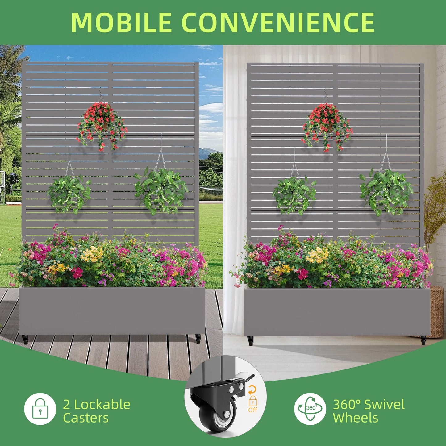 MAYEERTY 47*16*47"Outdoor White Metal Planter with Rect Louvered Climbing Trellis, Drainage hole & Wheels