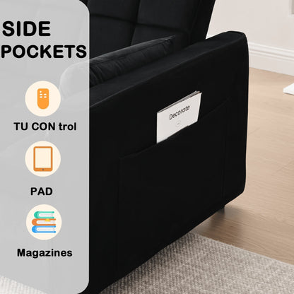 Velvet 3-in-1 Convertible Sofa Bed �C USB Charging, Adjustable Backrest Pull-Out Couch Loveseat Sleeper for Living Room, Apartment & Small Space,Black