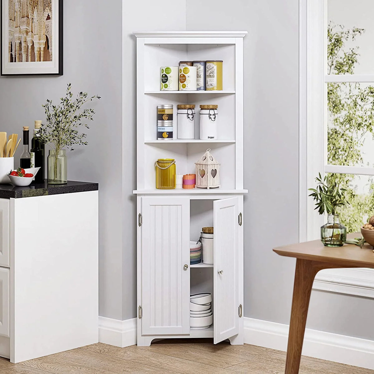 UTEX Tall Corner Cabinet, Free Standing Corner Storage Cabinet with Doors and Adjustable Shelves 23"W White