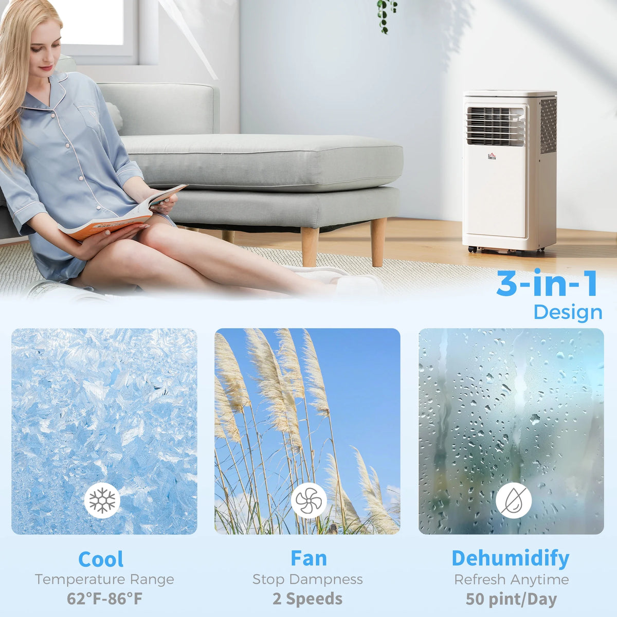 HOMCOM 8,000 BTU Portable Air Conditioner Fan with Remote for Rooms Up to 344 Sq. Ft., Evaporative Cooler, Home AC Unit with Dehumidifier, Black