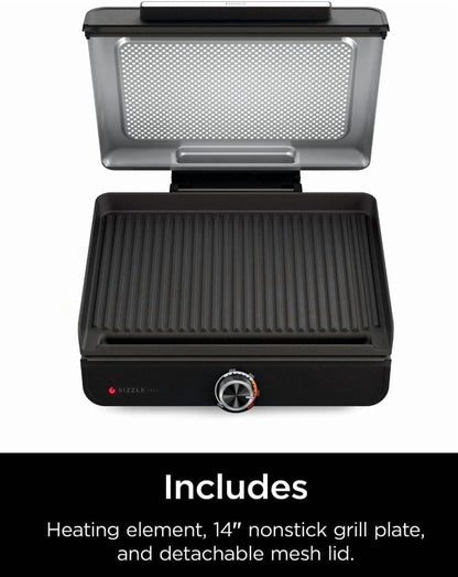 Ninja Sizzle Indoor Grill, 500��F High Heat Kitchen Grill with Nonstick 14 Inch Plate, Low-Smoke Technology, Edge-to-Edge Heating, Family-Sized Capacity, Countertop Cooking Tool (GR100)