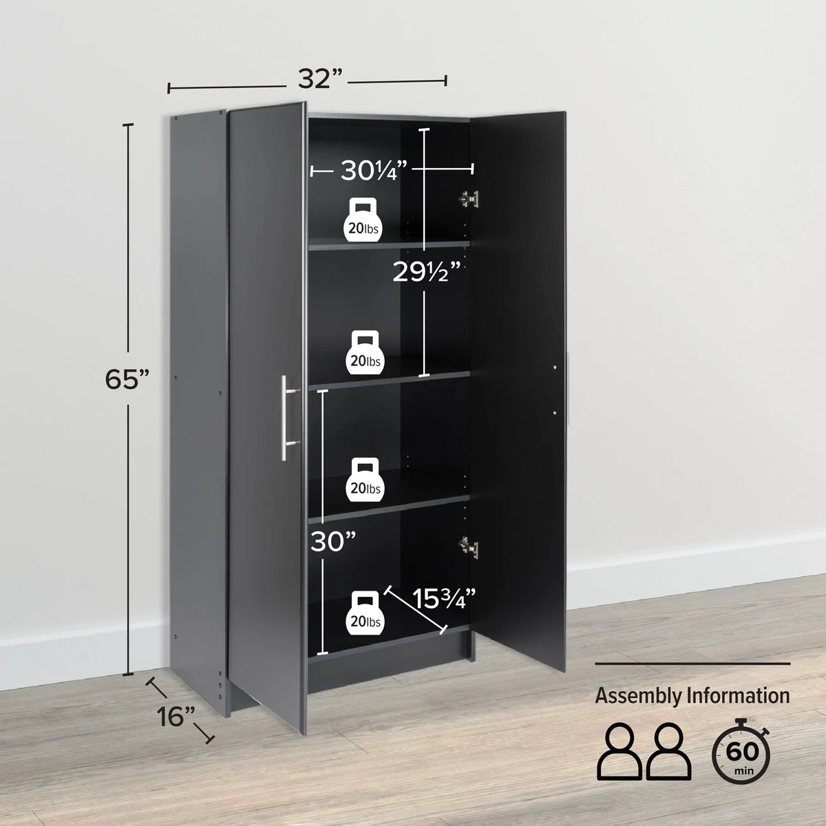 Prepac Adjustable Shelves Cabinet - Functional Tall Garage Table, 16"D x 32"W x 65"H Freestanding Garage Cabinet with 2-Doors, Espresso - EES-3264