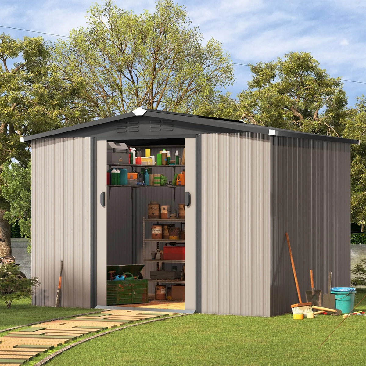 U-MAX 8 x 6 ft. Wood Grain Outdoor Metal Storage Shed with Lockable Door Patio Garden Storage Building for Outside