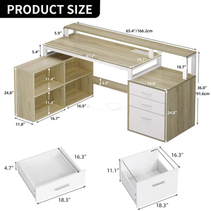 Dextrus 65" L Shaped Desk with Power Outlets and Monitor Stand , Computer Desk with LED Light &File Cabinet, Corner Desk with 3 Drawers & 4 Open Storage Shelves, Modern Home Office Desk, White