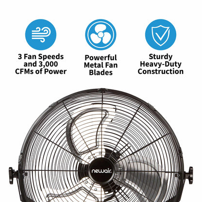 Newair 18" High-Velocity Industrial Floor Fan, Heavy Duty Metal Fan, Adjustable Tilt and 3 Speeds up to 4012 CFM, Rotatory Switch