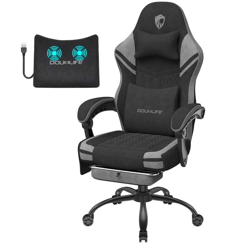 Douxlife Massage Gaming Chair, Spring Cushion, Breathable Fabric Gaming Chair with Footrest, Ergonomic Computer Chair for Adults & Kids