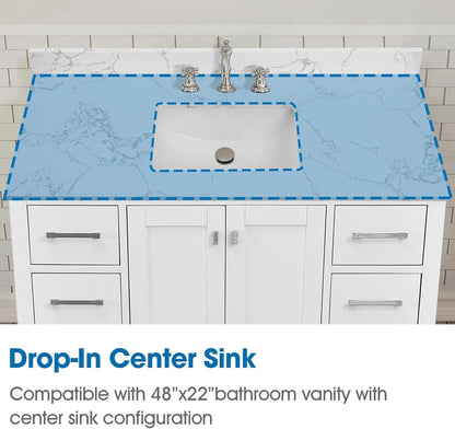 36x22 Engineered Stone Vanity Sink Top, White Bathroom Countertop with Undermount Left Sink, Vanity Top with 8 inch 3 Faucet Hole Spacing and Backsplash