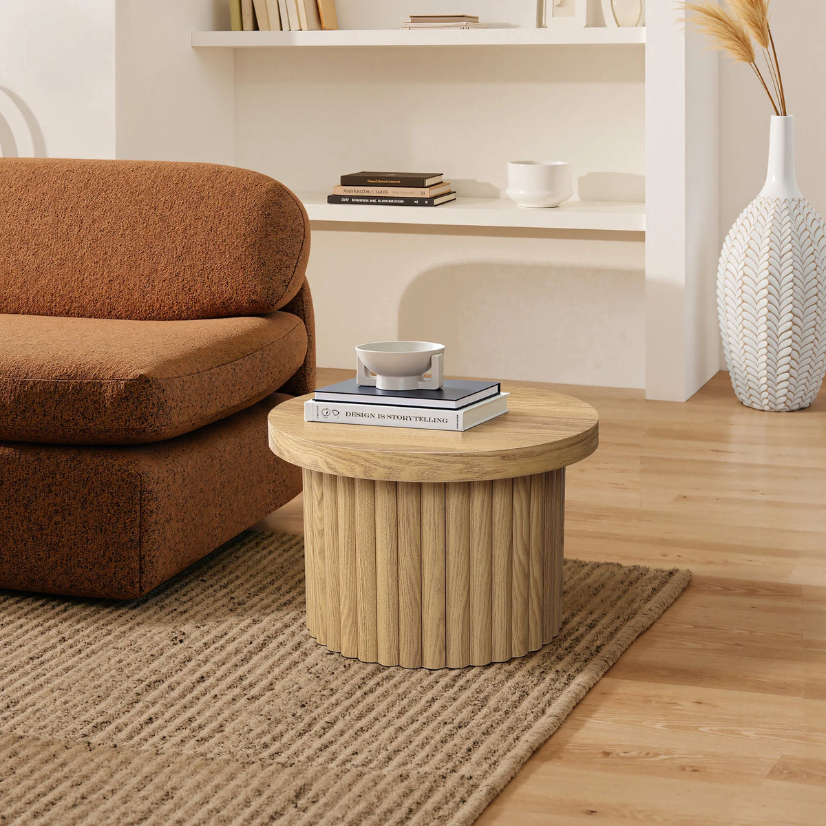 LuxenHome Wood Round Side Table, 19" Fluted End Table for Small Spaces, Mid Century Modern Wooden Accent Tables, Small Bedside Table, Couch Side Table, Nightstand for Living Room Bedroom Couch