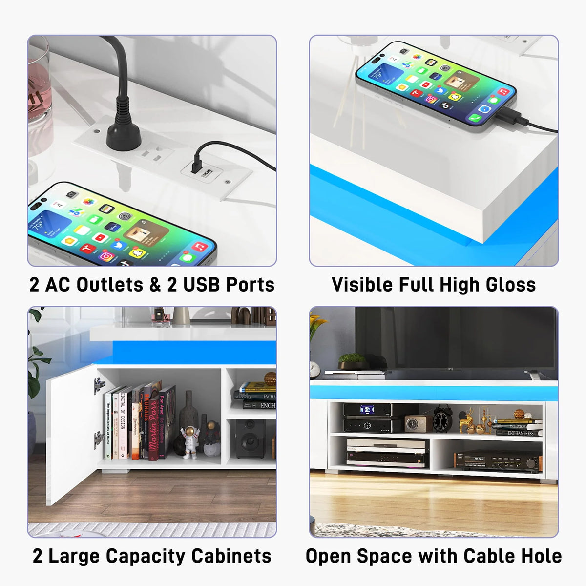 LED TV Stand for up to 85" TVs with Power Outlet, 75" Large Entertainment Center Console Table Gaming Soundbar Shelf with 2 Storage Cabinets