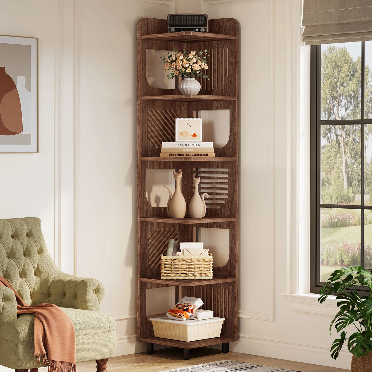 Fnova 71" 6-Tier Tall Corner Bookshelf, Rustic Wooden Narrow Corner Bookcase with Artistic Square Rack, Freestanding Display Storage Shelf for Space-Saving Home Organizing