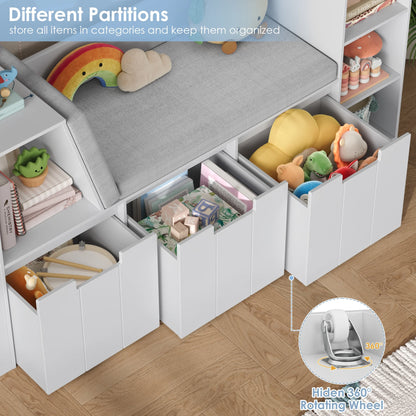Homfa 4-in-1 Kids Toy Storage Cabinet, Bookshelf with 3 Drawers, Sturdy Toy Organizer with Reading Nook for Kids Room Playroom, Gray