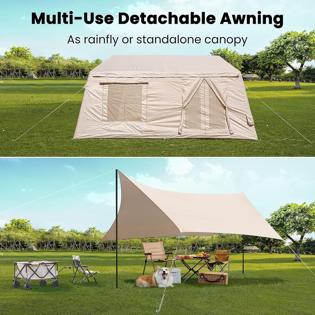 NAIZEA Inflatable Tents for Camping, Blow Up Tent with Hand Pump, Easy Setup Inflatable Hot Tent with Stove Jack, Waterproof Oxford Air Glamping Tents for Camping Adult 4-6 Person