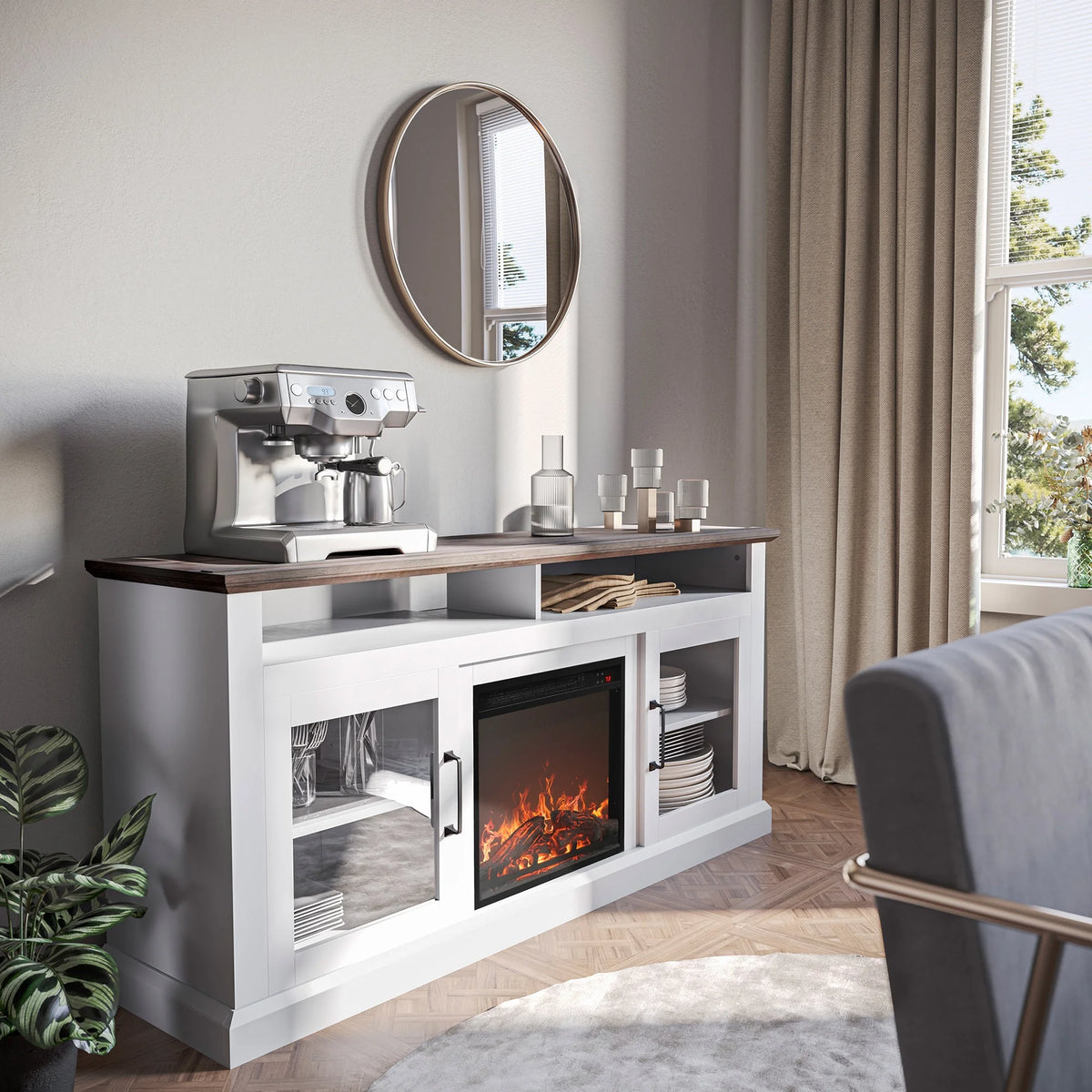 BELLEZE 60" TV Stand with 18" Electric Fireplace, Traditional TV Stand for TVs up to 65", Modern Media Entertainment Center Console Table with Open Storage Shelves & Cabinets - Cayman (Rustic Grey)
