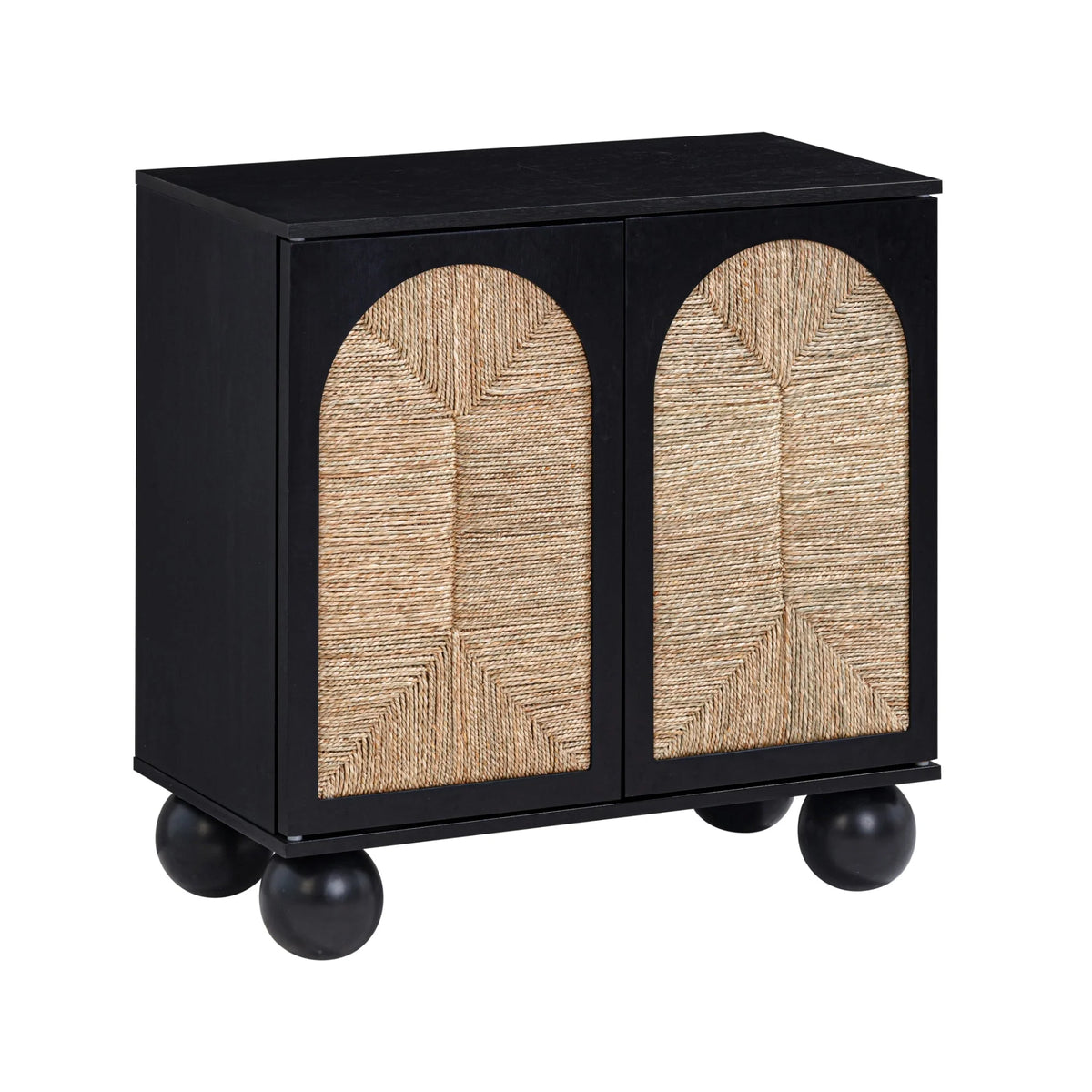 Nathan James Leah Boho Entryway Storage Cabinet or Sideboard Cabinet for Kitchen or Living Room with Ball-Style Feet, Natural Seagrass Door Fronts and Solid Wood Legs, Raw Oak