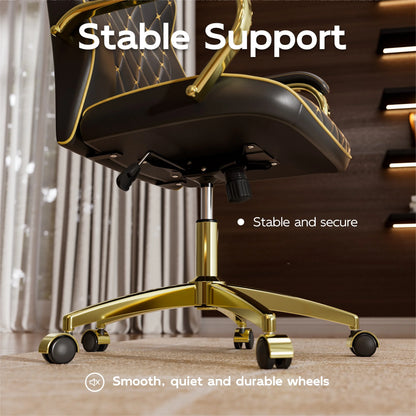 Ninecer White and Gold Office Chair with Soft Leather Embroidery, Mid Back Vintage Swivel Executive Desk Chair with Wheels and Padded Arms, Adjustable Height