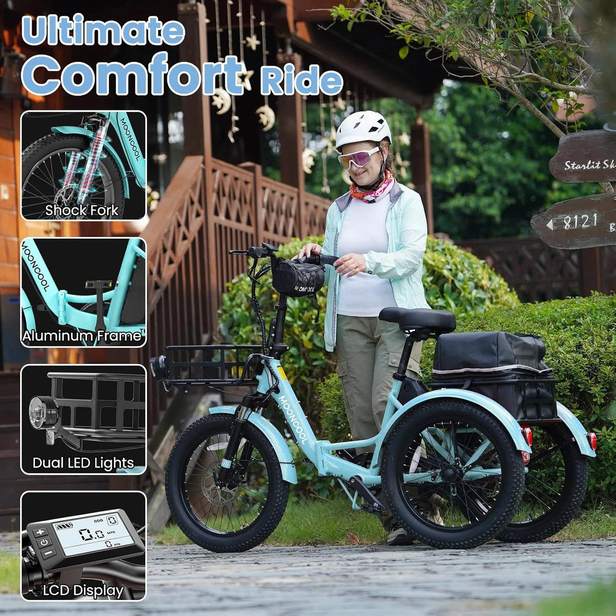 MOONCOOL TK1 Folding Electric Tricycle for Adults,48V 14.5Ah Removable battery, 500W（Peak 1000w）Motor, 20" Fat Tire Step-Thru 3Wheel Electric Bicycle w/Front&Rear Baskets, Certified to UL 2849 by SGS