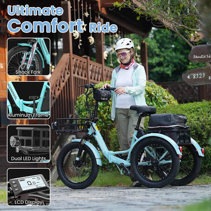 MOONCOOL TK1 Folding Electric Tricycle for Adults,48V 14.5Ah Removable battery, 500W（Peak 1000w）Motor, 20" Fat Tire Step-Thru 3Wheel Electric Bicycle w/Front&Rear Baskets, Certified to UL 2849 by SGS