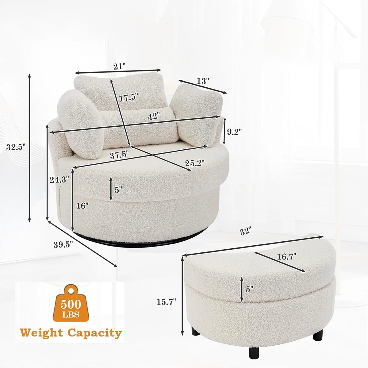 Muumblus Teddy Swivel Accent Barrel Chair, Modern Oversize Sherpa Comfy Round Reading Armchair for Living Room, Ivory