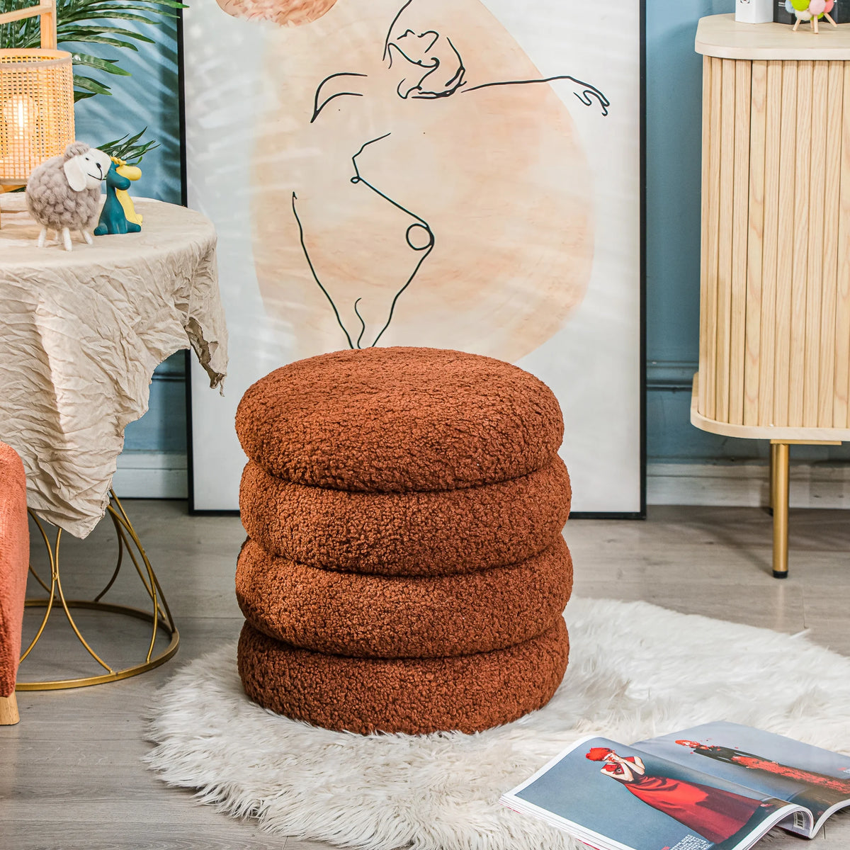 White Boucle Pouf with Storage Vintage Style Living Room