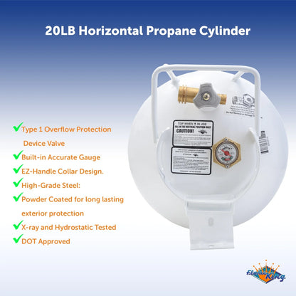 NEW 20 lb Horizontal Propane Tank Refillable Cylinder with OPD Valve and Gauge