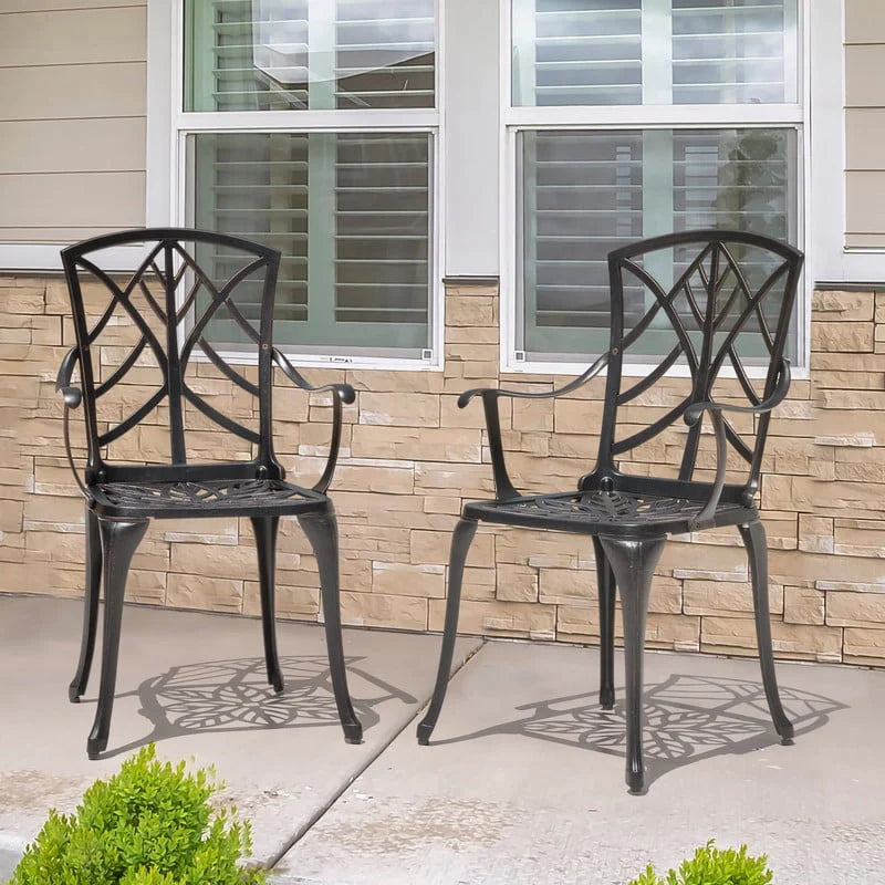 NUU GARDEN 2 PCS Cast Aluminum Dining Chairs ,Outdoor Patio Bistro Chairs Set of 2 ,Stackable Patio Dining Chairs with Armrest,Black with Gold-Painted Edge