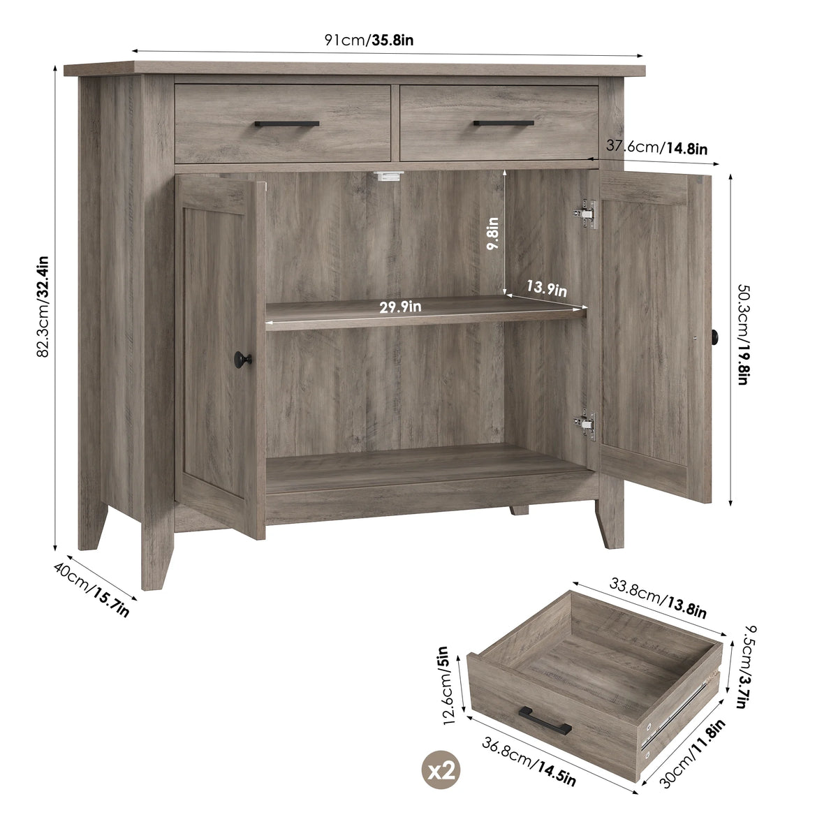 Homfa Entryway Cabinet, Kitchen Storage Cabinet, Farmhouse Buffet Sideboard with 2 Drawers and 2 Doors,Coffee Bar with Storage for Dining Room Living Room,White