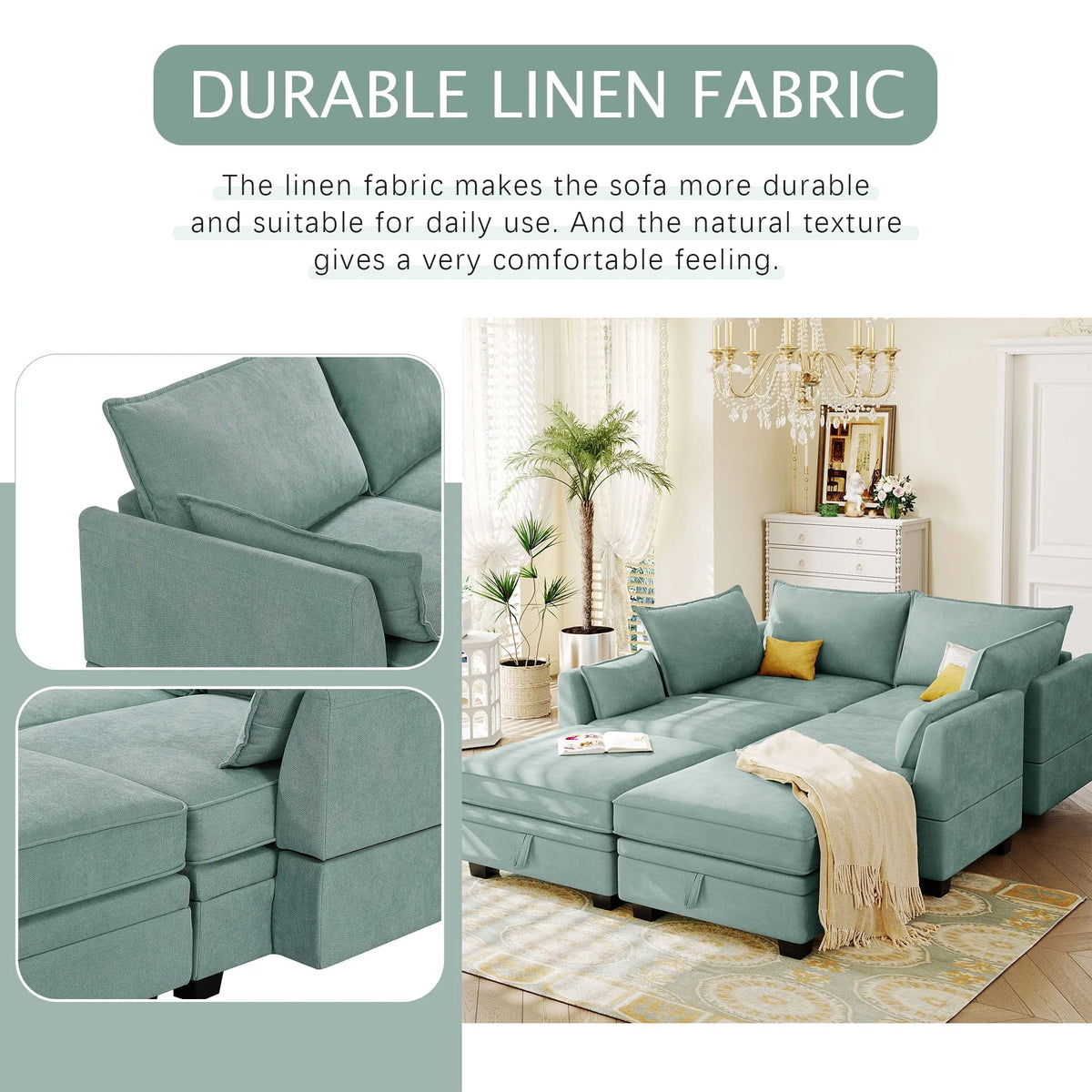 Euroco Large U-Shaped Sectional Sofa 6 Seat Convertible Sofa with Storage Seat, Modular Sofa with 2 Stools, Green