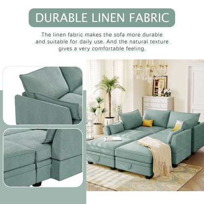 Euroco Large U-Shaped Sectional Sofa 6 Seat Convertible Sofa with Storage Seat, Modular Sofa with 2 Stools, Green