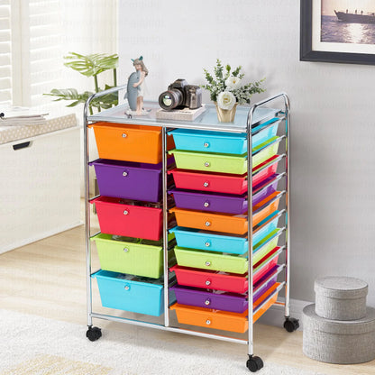 Costway 15 Drawer Rolling Storage Cart Tools Scrapbook Paper Office School Organizer White