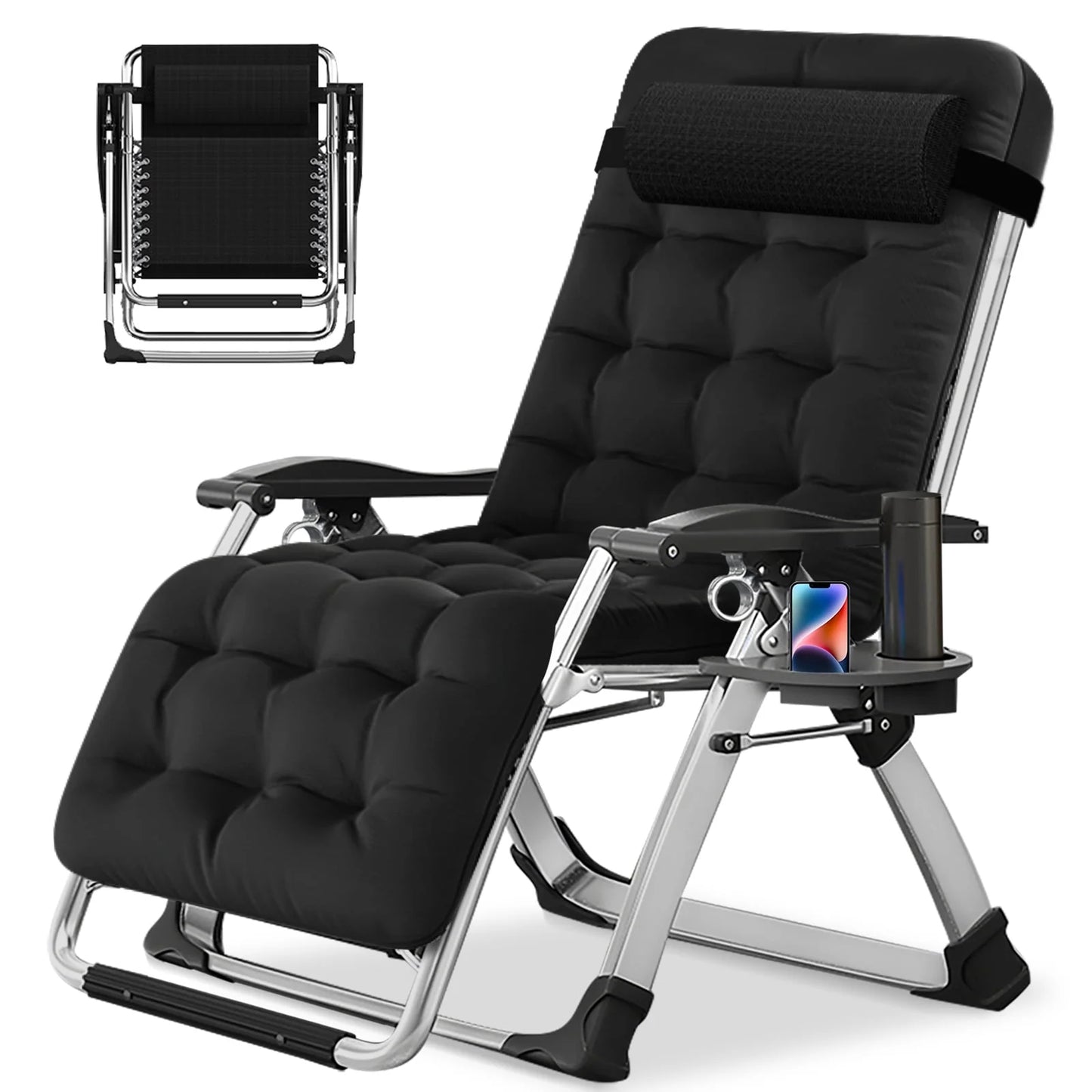NAIZEA 2 Pack Zero Gravity Chair, Foldable Portable Lawn Recliner with Cushion, Headrest, Cup Holder, Black