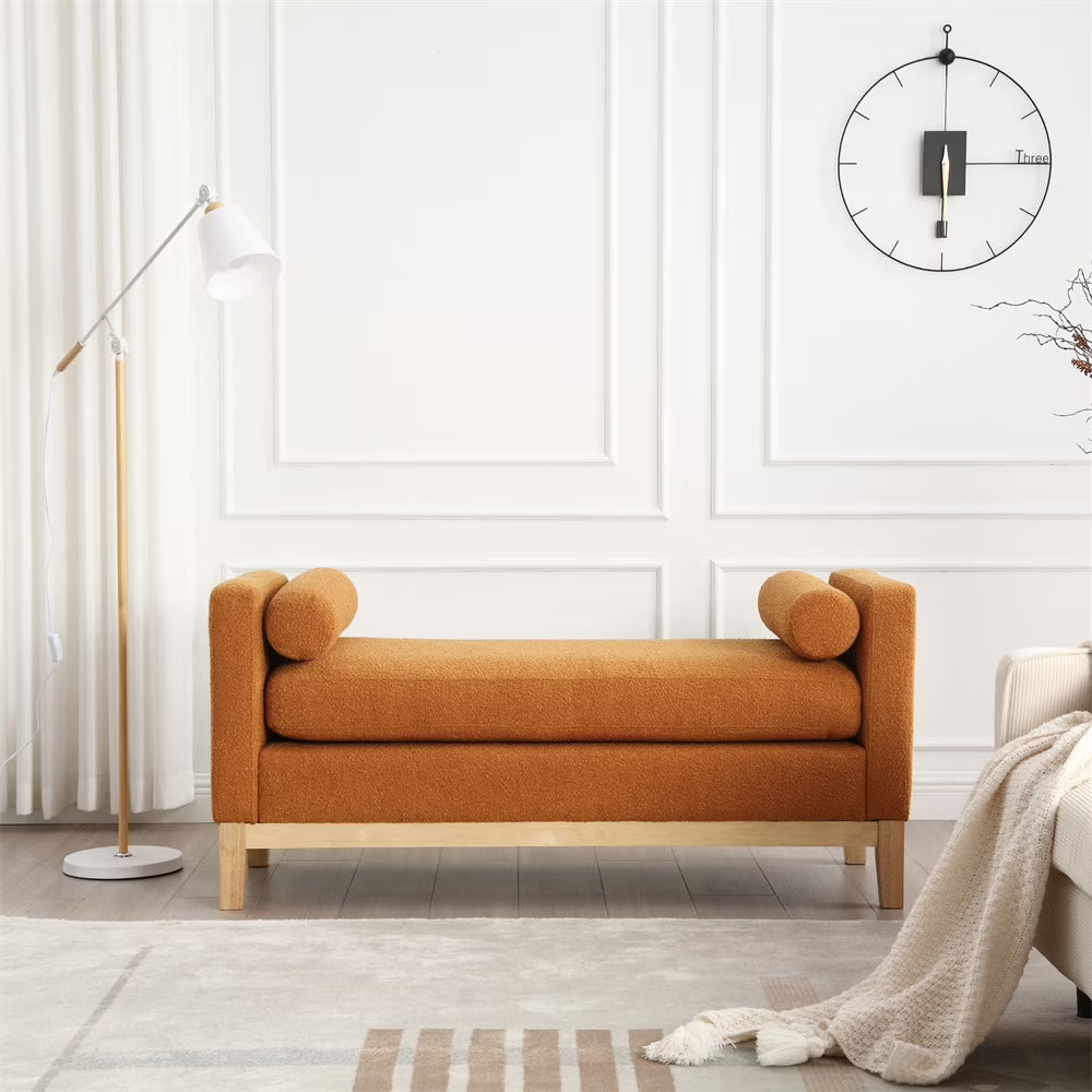 53.5"W Elegant Upholstered Bench with Wood Legs & Round Pillows,Comfy Boucle Fabric Footrest with Arms, Entryway Bench for End of Bed, Bedroom and Living Room, Ivory