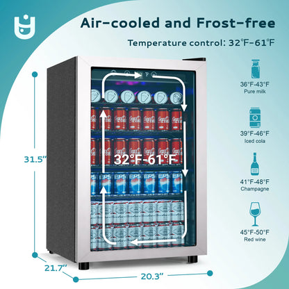 EUHOMY 145 Can Beverage Refrigerator and Mine Cooler with Glass Door with Adjustable Shelves