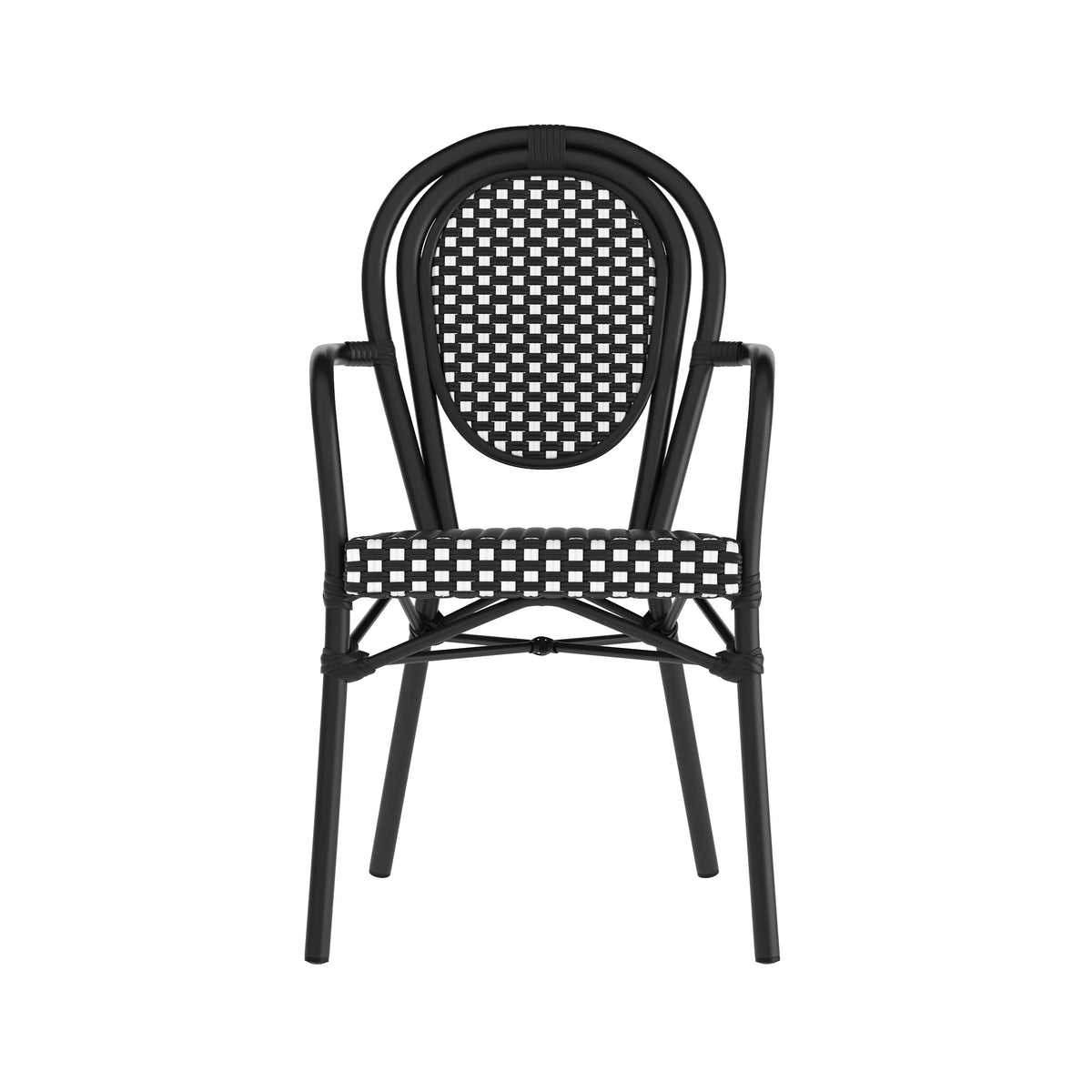 Merrick Lane Stacking Thonet French Bistro Style Chair with Arms, Black & White PE Rattan Seat, and Bamboo Finished Metal Frame for Indoor/Outdoor Use