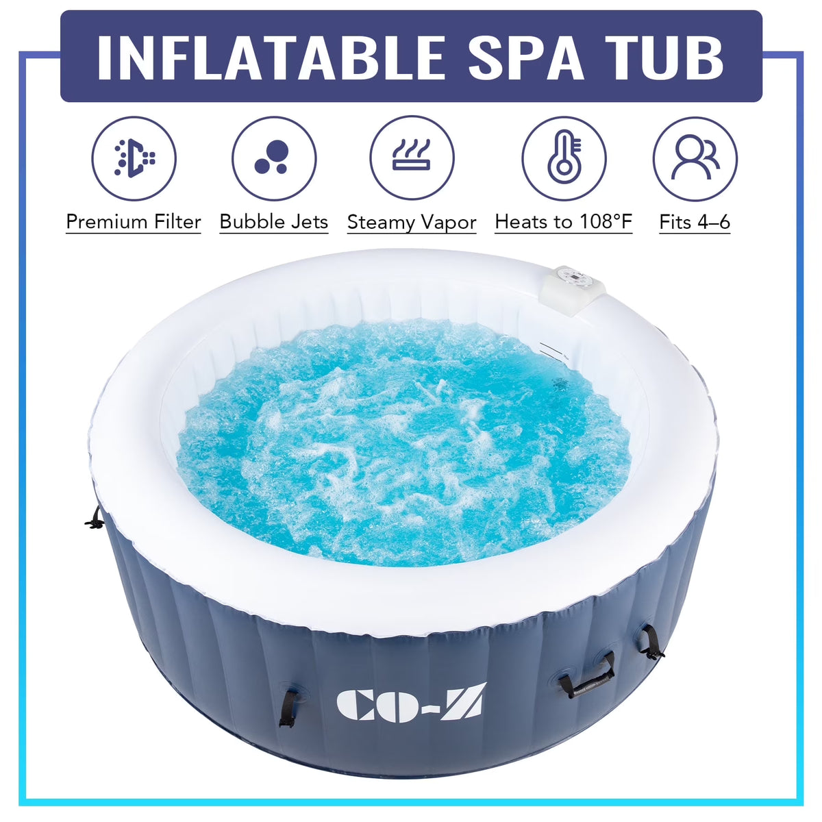 CO-Z 5x5ft PVC Square Inflatable Spa Tub & 120 Massaging Jets for Patio & More for 4-person Blue