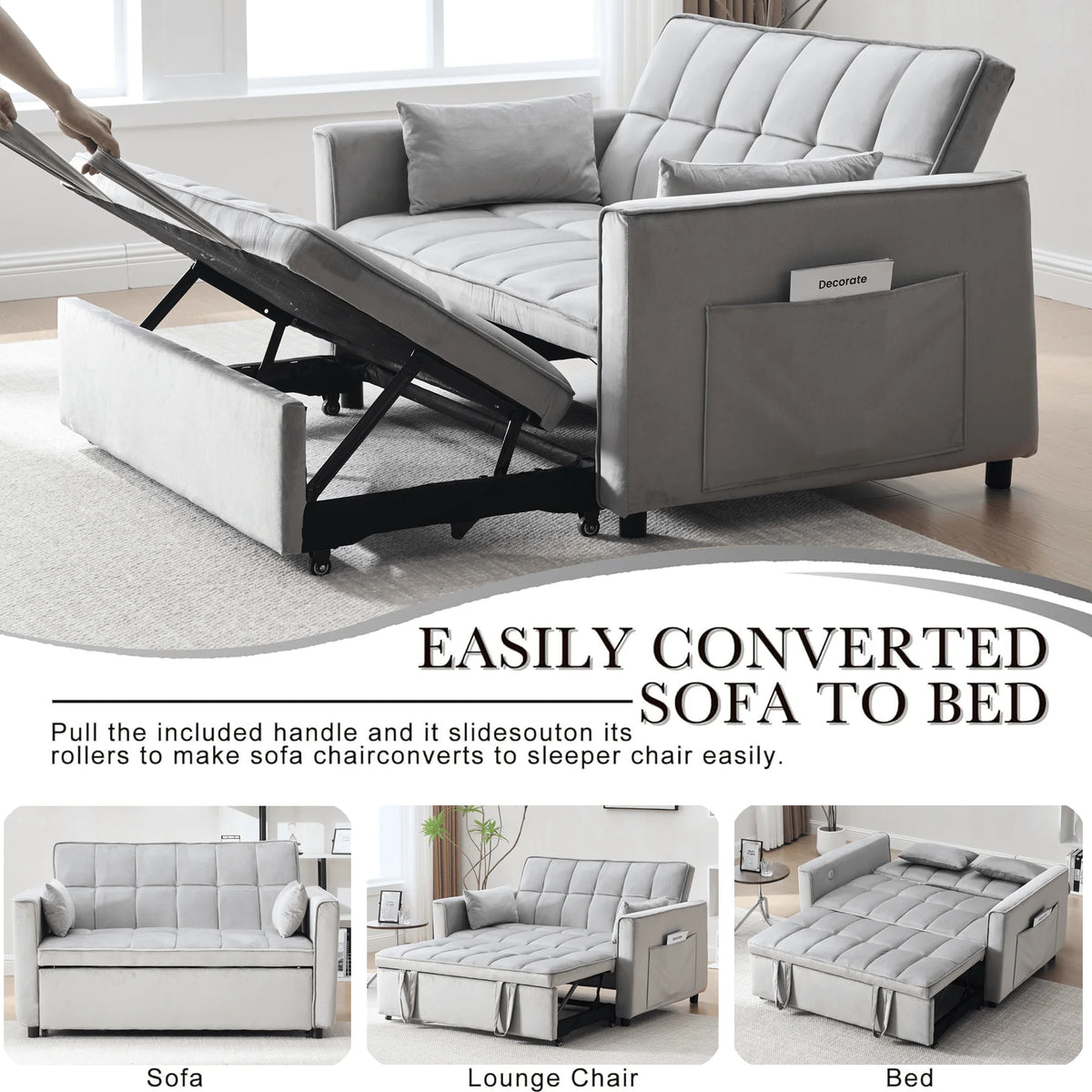 Velvet 3-in-1 Convertible Sofa Bed �C USB Charging, Adjustable Backrest Pull-Out Couch Loveseat Sleeper for Living Room, Apartment & Small Space,Black