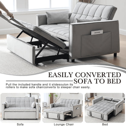 Velvet 3-in-1 Convertible Sofa Bed �C USB Charging, Adjustable Backrest Pull-Out Couch Loveseat Sleeper for Living Room, Apartment & Small Space,Black