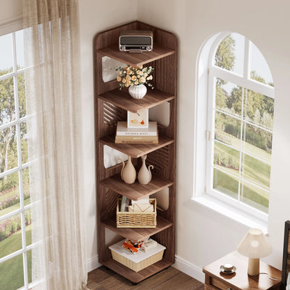 Fnova 71" 6-Tier Tall Corner Bookshelf, Rustic Wooden Narrow Corner Bookcase with Artistic Square Rack, Freestanding Display Storage Shelf for Space-Saving Home Organizing