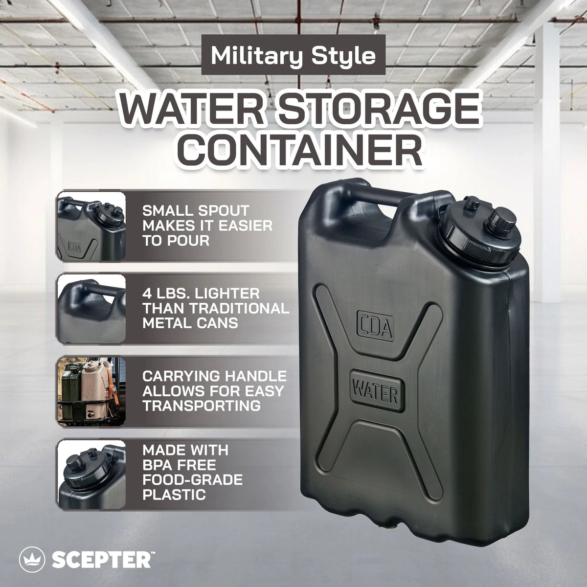 Scepter 2 Pack Heavy Duty Military Style Water Container, 5 Gallon,  Black