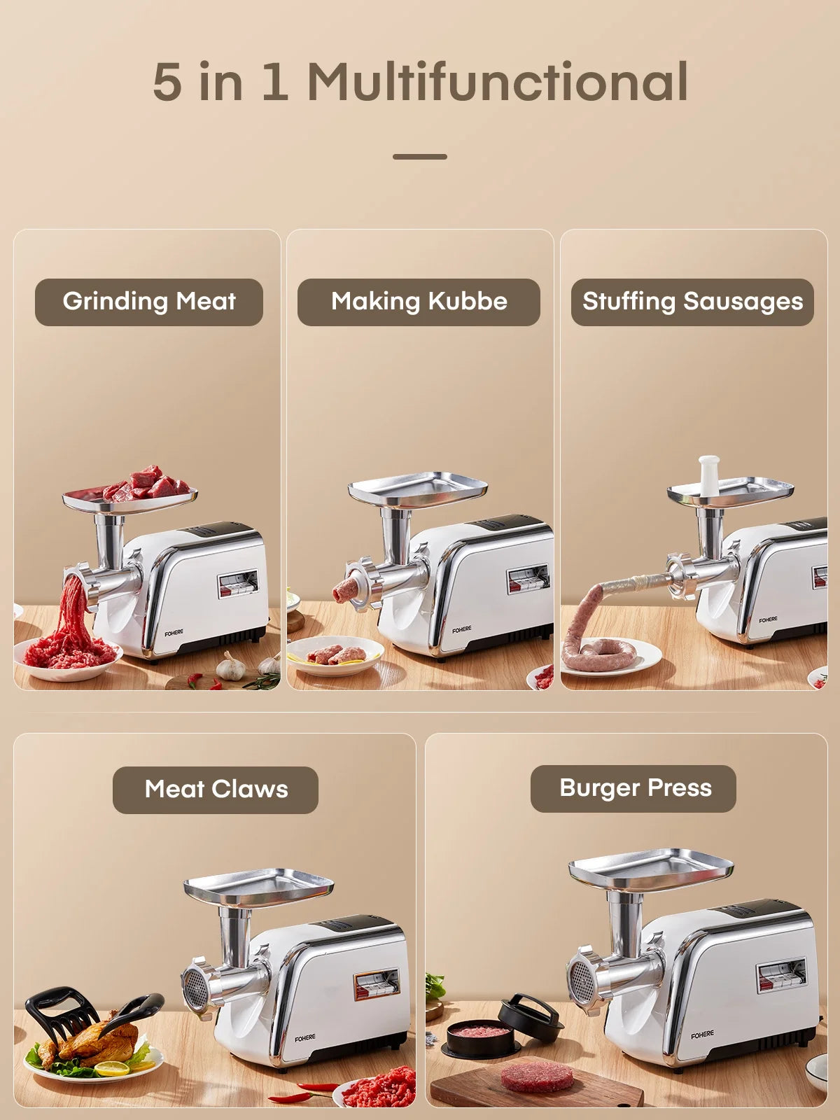 Electric Meat Grinder Heavy Duty,3000W Max 5 in1 Sausage Stuffer Maker with 4 Stainless steel Plates & 3 Blades,Sausage & Kubbe Maker Kit/Slider Maker