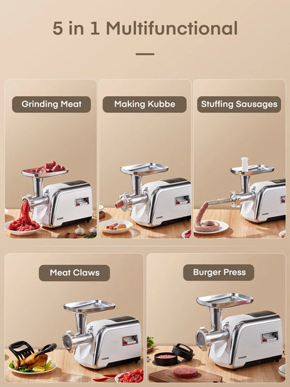 Electric Meat Grinder Heavy Duty,3000W Max 5 in1 Sausage Stuffer Maker with 4 Stainless steel Plates & 3 Blades,Sausage & Kubbe Maker Kit/Slider Maker