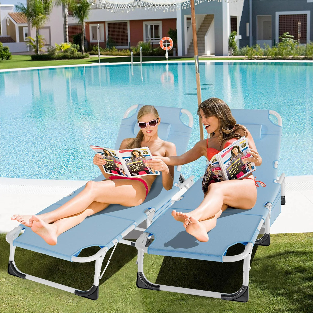 MOPHOTO Lounge Chair with Mattress, Outdoor Chaise Lounge Support 440 Lbs, Adjustable Portable Heavy Duty Sleeping Cots Bed for Camping, Pool, Beach, Patio